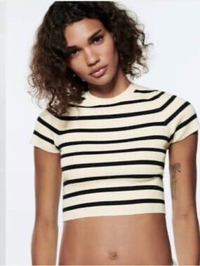 Zara Cream and Black Striped Short Sleeve Knit Tee